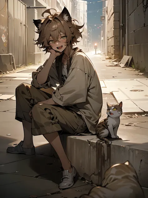 ((Masterpiece)), 8K, cinematic lighting, (very messy hair,  dirty Concrete walls), (Sitting on the ground in the alley at night,  open mouth, laugh face) slum townscape, Textured skin, cat ears, pale brown hair, Cute boy，boy