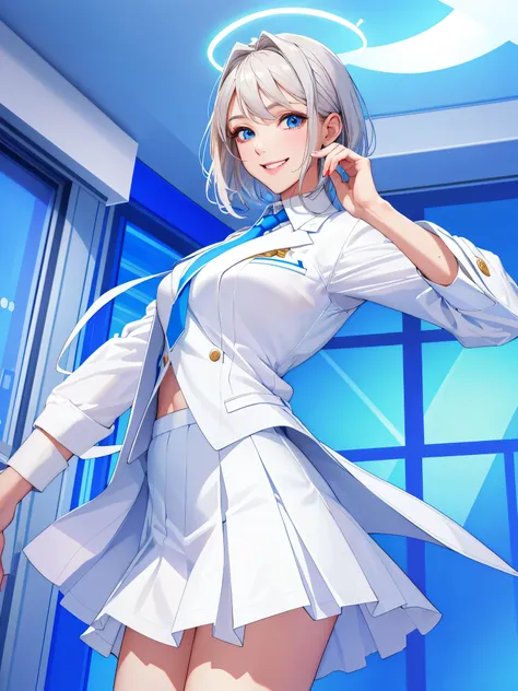 tmasterpiece, best quality at best, ultra - detailed, 1 girl, aris, white jacket, white  shirt, a blue tie, pleatedskirt, the ha...