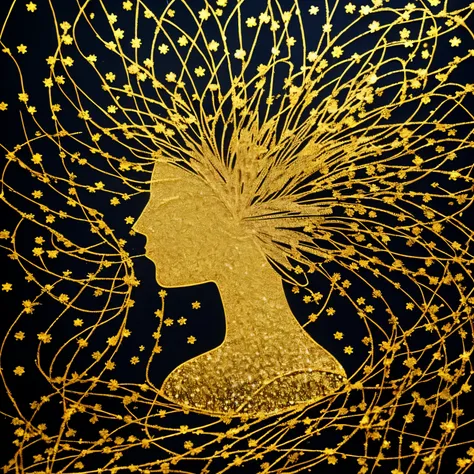 best quality, 32k, RAW photo, incredibly absurdres, extremely detailed, beautiful and mysterious silhouette art of a woman, a black background with gold glitter, and a flower garden made of finely shredded colorful colored paper around it, delicate, flashy...