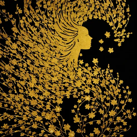 best quality, 32k, RAW photo, incredibly absurdres, extremely detailed, beautiful and mysterious silhouette art of a woman, a black background with gold glitter, and a flower garden made of finely shredded colorful colored paper around it, delicate, flashy...