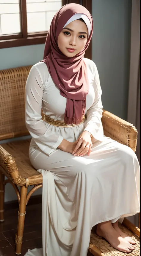 ( Close Up),RAW, Best quality, high resolution, masterpiece: 1.3), beautiful Malay woman in hijab, Masterpiece, perfect fit body, (big breasts), beautiful big eyes, Soft smile, thick thighs, beautiful face, woman standing on on a bamboo bench, wearing a wh...