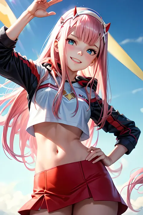 ((Zero Two Darling en el Franxx)),  8k, Obra maestra, Smile at the camera, La mejor calidad, fotorrealista, Ultra detallado, 1 girl,  textura realista de la piel, senos grandes, Mira hacia el espectador, , Camiseta suelta de medio corte,, Underboobs, debaj...