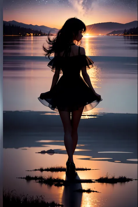 Silhouette art,silhouette of 1girl standing gracefully by a serene lake at midnight,extremely delicate and beautiful,masterpiece,best quality,oil painting