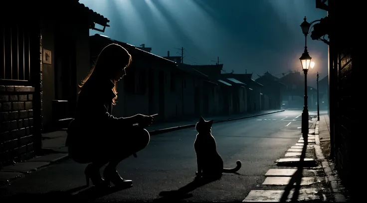 extremely intricate, masterpiece, Best quality, a girl squats down and locks eyes with a cat, silhuette, sunset, monotone, night sky, under streetlight, god rays