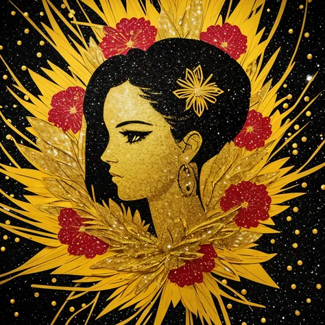 best quality, 32k, RAW photo, incredibly absurdres, extremely detailed, beautiful and mysterious silhouette art of a woman, a black background with gold glitter, and a flower garden made of finely shredded colorful colored paper around it, delicate, flashy...