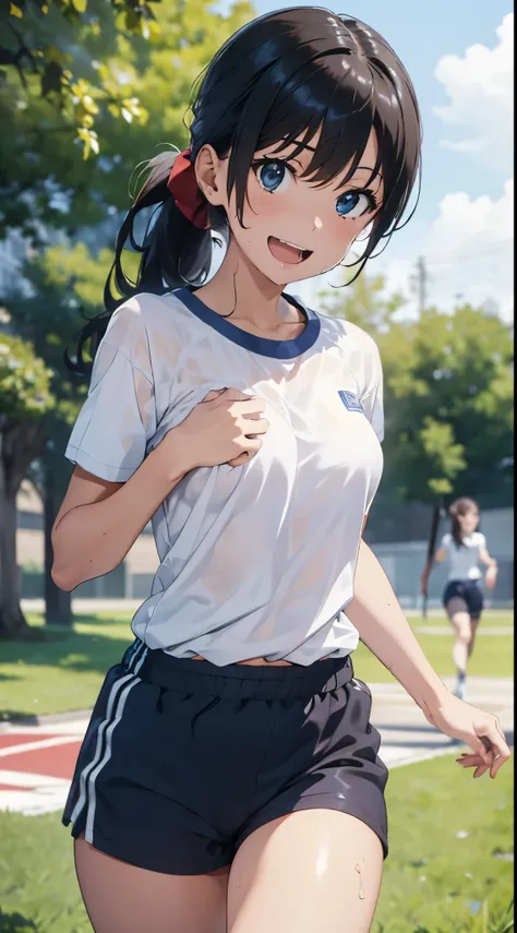 1womanl,Golden hair,14 year old beautiful breasts,(((Sexy white and blue shiny short sleeve gym clothes and shorts、Smile with open mouth)),((())),((( portlate))),Crowds,Shiny white short-sleeved gym uniform and blue shorts,(Wet with sweat),((athletic field...