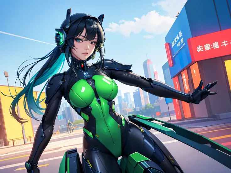 Highest image quality, excellent detail, 超高分辨率, (Realistis: 1.4), The best illustrations, Offer details, Highly concentrated 1girl, Has a delicate and beautiful face, Dressed in black and green mechs, wearing a mech helmet, holding direction, riding motorc...