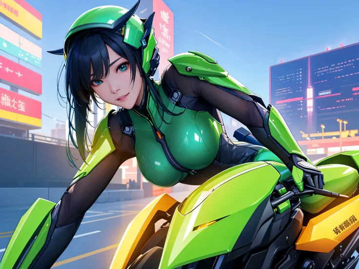 Highest image quality, excellent detail, 超高分辨率, (Realistis: 1.4), The best illustrations, Offer details, Highly concentrated 1girl, Has a delicate and beautiful face, Dressed in black and green mechs, wearing a mech helmet, holding direction, riding motorc...