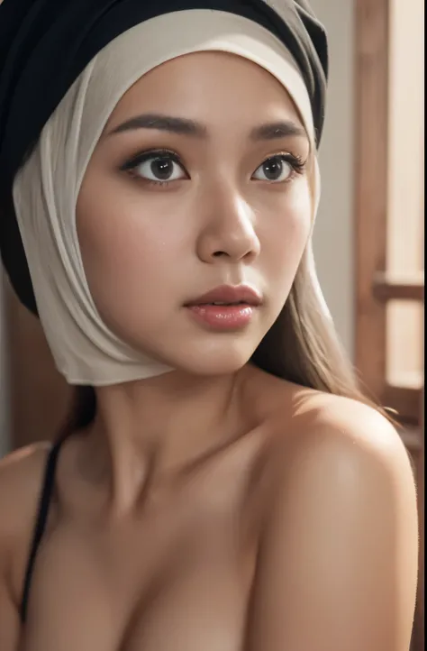 Nude , Porn, (Close-up of the painting style，Ultra HD 8K，Masterpiece grade CG wallpaper)，Cinematic lighting，cute girly，Delicate and beautiful face，Dreamy pupil , round waist,javanese hijabi,Bust, magical, church