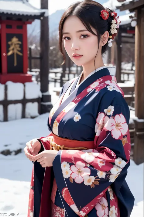 japanese shinto shrines in snowy landscapes, early morning of new year's day, (a beautiful japanese girl in a kimono for new yea...