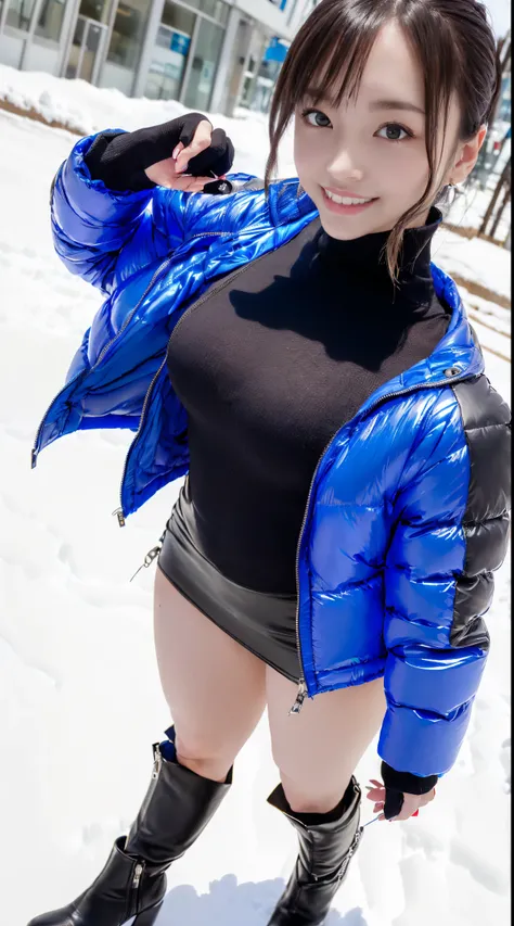 (in 8K、超A high resolution、Best Quality、masuter piece、Photorealsitic、The ultra -The high-definition)、(Black turtleneck、Blue down jacket、Definitely a pretty short black micro miniskirt:1.28)(Always walk through the city when it snows:1.1)A Japanese Lady、Cute...