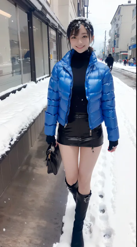 (in 8K、超A high resolution、Best Quality、masuter piece、Photorealsitic、The ultra -The high-definition)、(Black turtleneck、Blue down jacket、Definitely a pretty short black micro miniskirt:1.28)(Always walk through the city when it snows:1.1)A Japanese Lady、Cute...