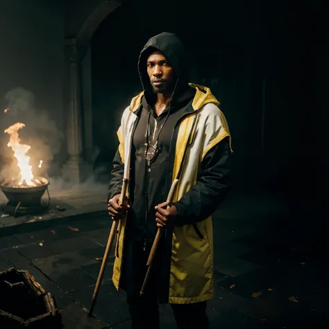 A full body shot black man shaman with white glowing eyes, dressed in  black hooded clothes, holding a wooden walking stick, standing in an empty area fully covered with yellow smoke, yellow smoke all over the scene, soft white light piercing the scene pro...