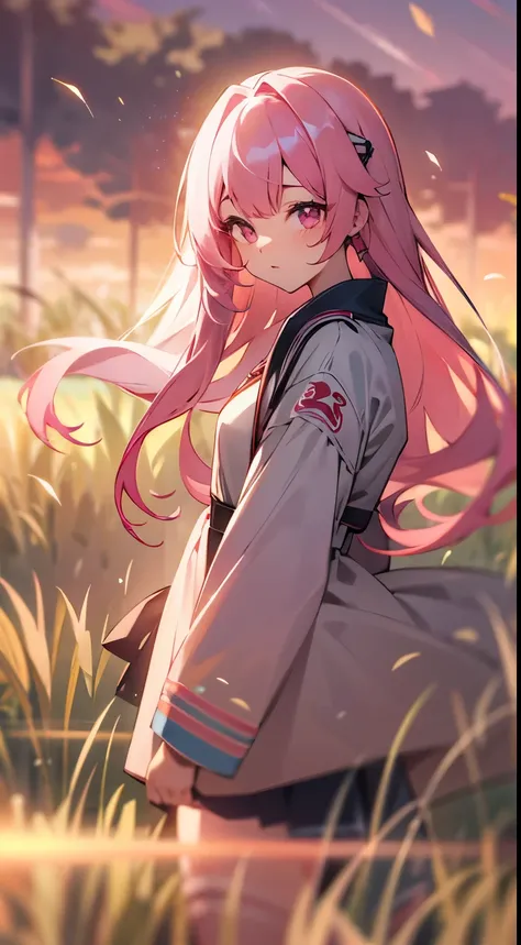 grass field，the sunset，Long pink hair，Pink eyes，8K分辨率，校服