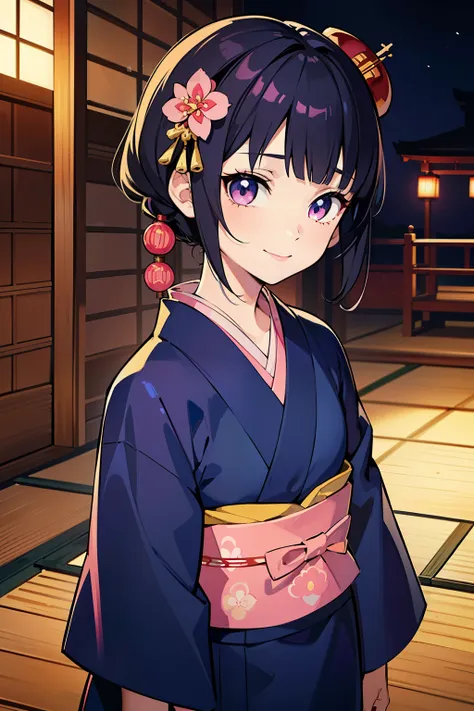 (high-quality, breathtaking),(expressive eyes, perfect face) ((yukata)), 1girl, female, solo, young child , black hair, blue tips, pink coloured eyes, gentle smile, short length hair, loose hair, side bangs, curley hair, japanese clothing, elegant, soft ma...