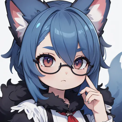 1girll，red fox，black and blue fur，blue hairs，with brown eye，Gray eyebrowlack glasses