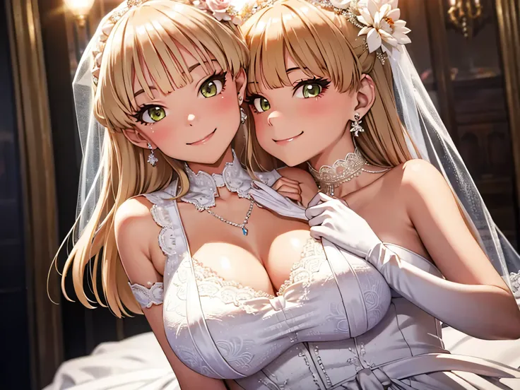 （（best qualtiy）），female pervert２a person、mommy３０age、娘15age （（masuter piece）） WEDDING PRINCESS DRESS，，Close up portrait of beautiful bride in bridal dress,Guvitz，Head flower，headdress rush，（Wedding lingerie），Necklace，Earring，cleavage，(Colossal tits:1.3)，Dee...