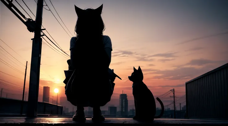 extremely intricate, masterpiece, Best quality, a girl squats down and locks eyes with a cat, silhuette, sunset, monotone, night sky, under streetlight, top light