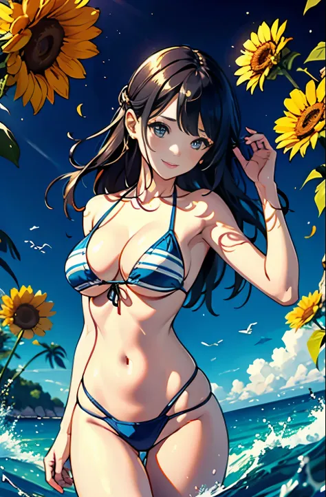 (((​master piece))),(hyper quality::1.5), Hyper Detailed,Perfect drawing,。.。.。.。.。.3D,8K Illustration、(((clearface)))、summer sunlight、Sunflower Mountains、Hi-Res、japanes、1 persons、 Lady、ssmile、Beautiful skins、Lustrous hair、((beautiful proportion))、((Luxury ...