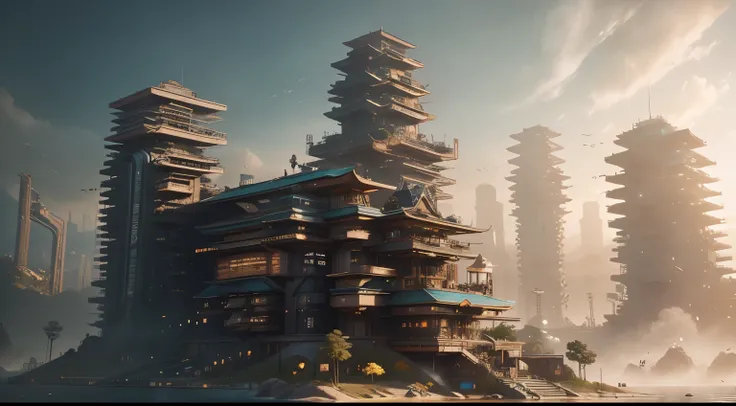 science fiction complex，mirai，Takamatsu new architectural style，oriental architecture in《Cyberpunk 2077》 ，There are complex mechanical structures on the building，Industrial feel，warm sunlight，Nice skybox，Metal decorative elements，Highly detailed fantasy ar...