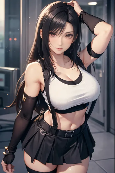 8k,masterpiece, bset quality,big, (1 girl), tifa lockhart, red_eyes, black hair, long hair, professional lighting, (shiny skin: 1.2), shiny big, ((best quality)), sharp focus: 1.2, highly detailed face and skin texture, detailed eyes, perfect face, perfect...