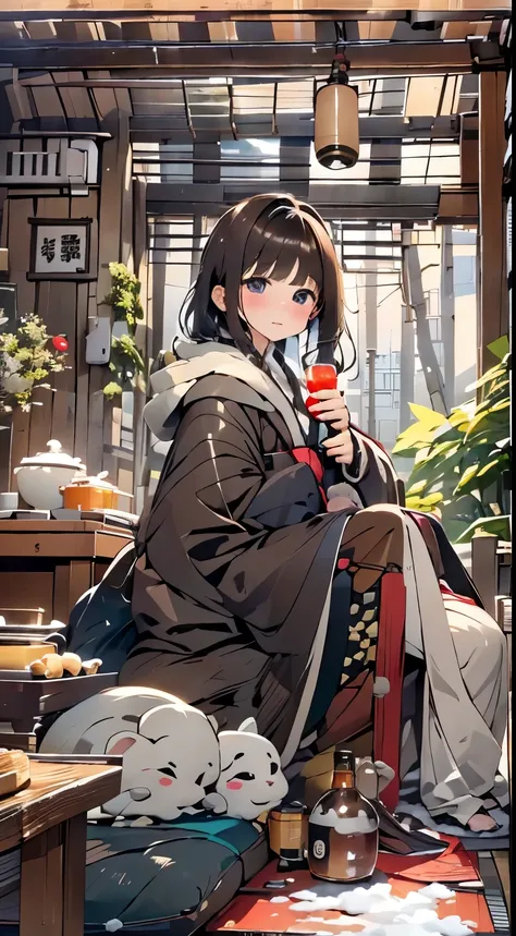 A girl relaxing at a kotatsu、Drinking alcohol at home、Drunk、(((Hot sake to drink in a kotatsu、liquor thief、sea rat intestine、Mehun)))、A girl relaxing in a short coat、Ultimate Cute Face、Detailed eyes、A detailed face、Dark eyes、I can&#39;I can&#39;I can&#39;t...