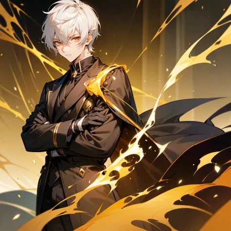 Anime male, teenager, handsome, fair-skinned, resolute eyes, white hair, short hair, deep golden eyes, powerful, black suit with black gloves, golden clothes, royal style, flame, crossed arms