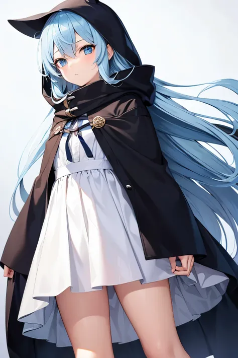 1girl, blue eyes, light blue hair, long hair,anime,kawaii,cloak, sad,