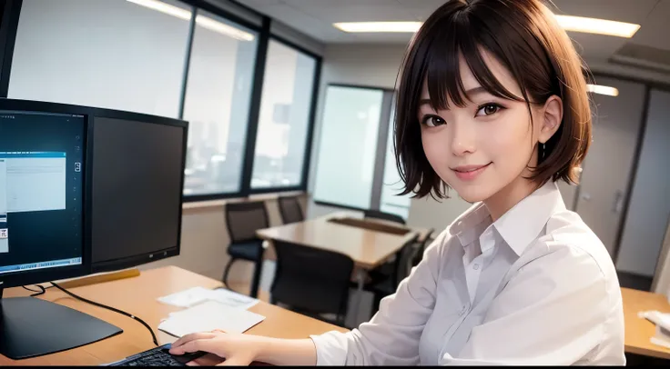 High-definition photos、Panoramic view of the office、Woman Looking At Me、Beautie、cute young woman、 woman has short cut brown hair、A smile、White shirt、At work、Inside the office、The weather is good、smaller companies。