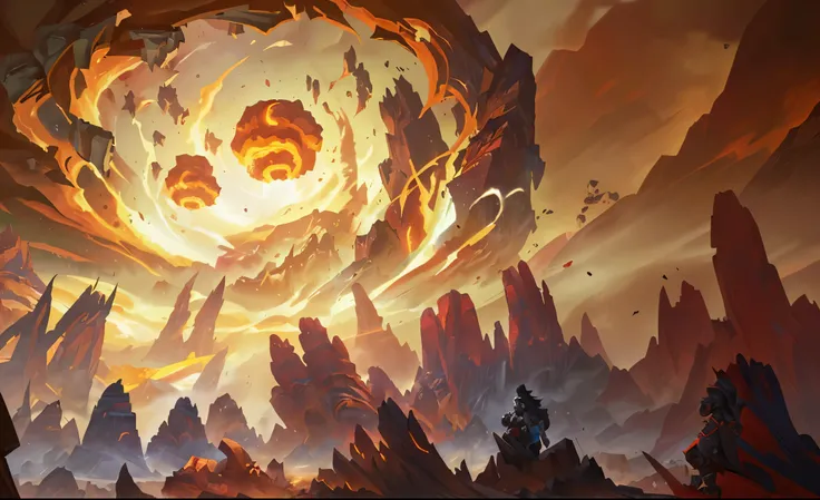 Animation scene of huge explosion of rocks and huge fireball, Riot Games Concept Art, 8k hd wallpaperjpeg artifact, 8k hd wallpaperjpeg artifact, World of Warcraft art style, Official splash art, blizzard hearthstone concept art, Depicted as game concept a...