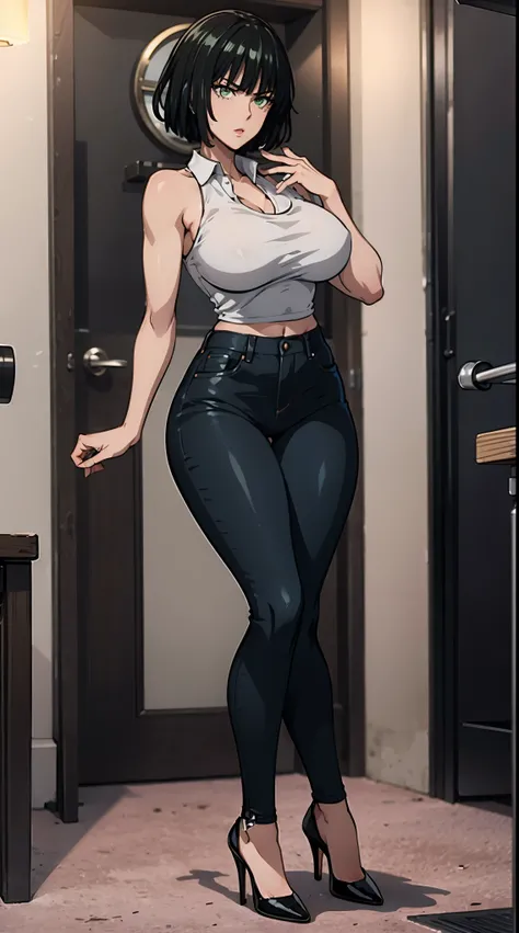 Fubuki from One Punch Man, masterpiece, best quality, 8K, UHD, ultra detailed, sexy pose, full body,beatiful green eyes, beatiful hairwearing black thight jeans , wearing a tight white short shirt, wearing high heels, sexy leg, sexy boobs