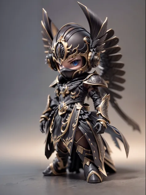 (Blind box toy style:1.2), (Full body shot) , 1 Mechanical Angel ,anatomy correct，Black-gray metal winglack-gray armor, hooding:1.2, Solo，(circular base:1.2）， Baroque style, dreamy glow, Clean, Brown undertone, Battle damage style:1.2,Black gold style ( Cl...