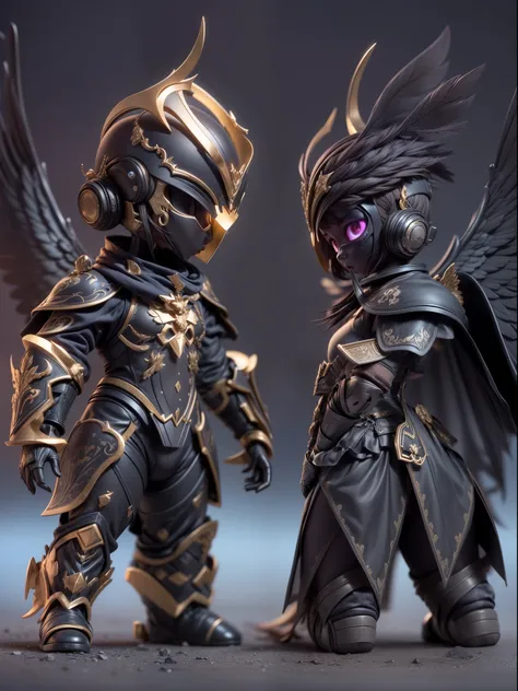 (Blind box toy style:1.2), (Full body shot) , 1 Mechanical Angel ,anatomy correct，Black-gray metal winglack-gray armor, hooding:1.2, Solo，(circular base:1.2）， Baroque style, dreamy glow, Clean, Brown undertone, Battle damage style:1.2,Black gold style ( Cl...