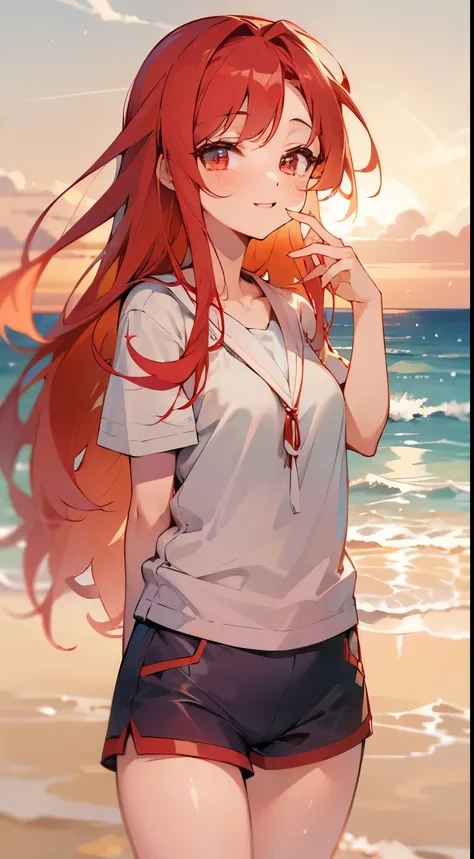 sandbeach，beachside，the sunset，Long red hair，red color eyes，shorter pants，laughingly，eye closeds，8K分辨率，teens girl