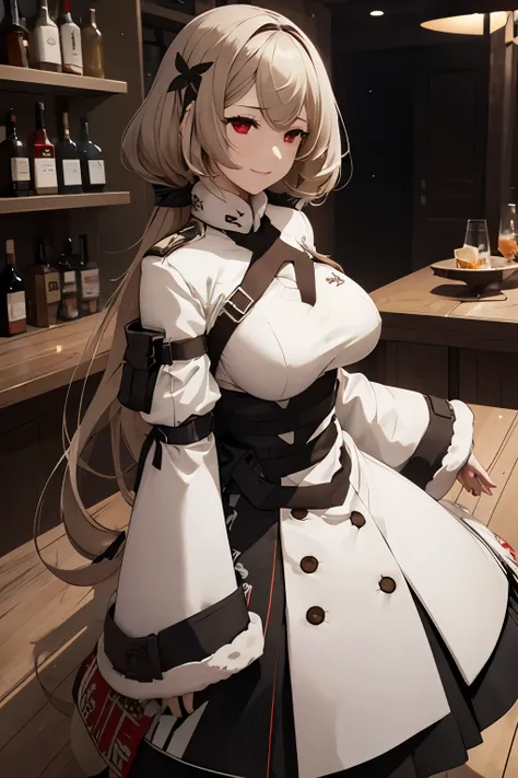 female solo、a blond、Wave Semi-Long(inked)hair、large full breasts、red eyes、White winter clothes、Tall、a cool、Bar background、kord.Dolls Frontline .girls frontline.kord.high-level image quality、hightquality、8K picture quality、kindly smile