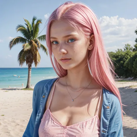 Ukrainian, pink hair, 16 years old, blue eyes, slight freckles, influencer, no make-up