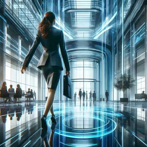 arafed image of a woman in a business suit walking through a building, corporate holograms, futuristic  chambers, futuristic hall, female cyborg in data center, hologram hovering around her, photo render, commercial illustration, human futuristic city, on ...