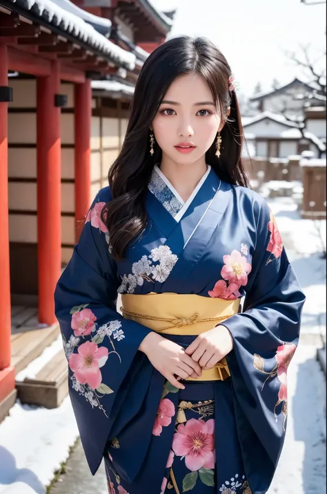 japanese shinto shrines in snowy landscapes, early morning of new year's day, (a beautiful japanese girl in a kimono for new yea...