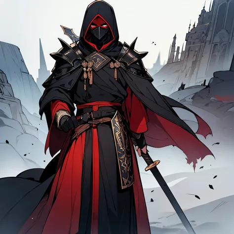 a man wearing armor and a robe that was black and slightly reddish, he wore a mask that was the same color as his armor and robe, he was relaxing on a mountain with his sword stuck beside him, he saw cities destroyed because of him.