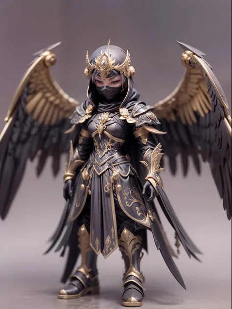 (Blind box toy style:1.2), (Full body shot) , 1 Mechanical Angel ,anatomy correct，Black-gray metal winglack-gray armor, hooding:1.2, Solo，(circular base:1.2）， Baroque style, dreamy glow, Clean, Brown undertone, Battle damage style:1.2,Black gold style ( Cl...