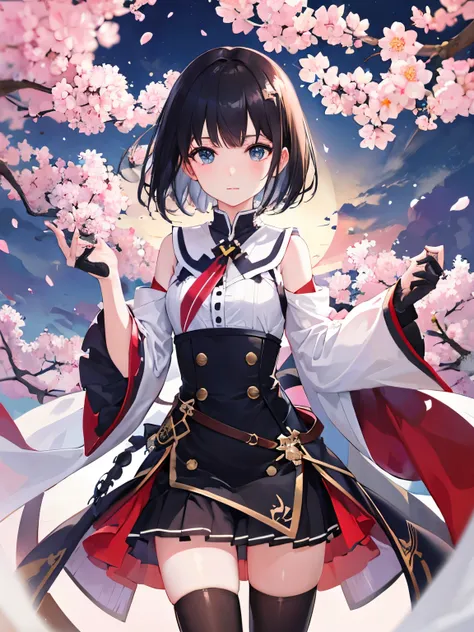 ultra - detailed.Extremely Delicately Beautiful.Cherry Blossoms.Depth of fields.Have beautiful eyes.With short black hair.Fleet style.black stockings