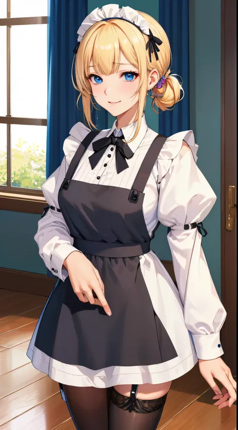 peace, Best quality at best, A high resolution, 1 girl, hayasaka ai, Alone, Blonde hair, maid, eBlue eyes, side ponytails, Hair rings, hair adornments, 蓝色Hair rings, maid headdress, aprons, hair between eye, , longer sleeves, By bangs, white  shirt, Black ...