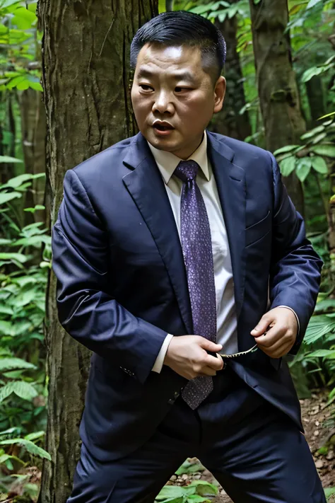 Wear a suit and tie, Chinese obese mature middle-aged man，fighting in the forest