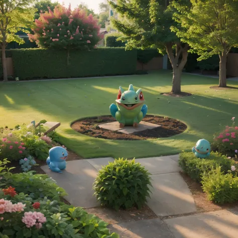 a garden with Bulbasaur, Charmander, Squirtle, and a Pokeball, (best quality, 4k, highres, realistic), vibrant colors, detailed characters and surroundings, radiant lighting