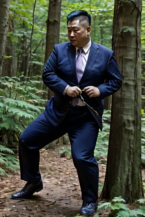 Wear a suit and tie, Chinese obese mature middle-aged man，fighting in the forest