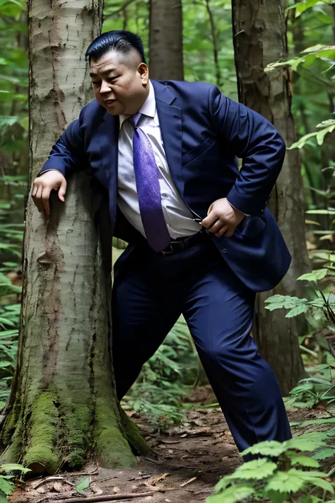 Wear a suit and tie, Chinese obese mature middle-aged man,fighting in the forest