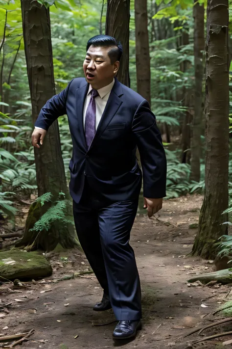 wearing a suit and a tie, Chinese obese mature middle-aged man,fighting in the forest