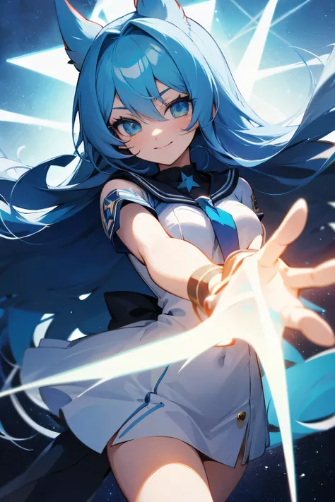 anime girl , bright cerulean long hair , holding star power in barehands , devil smile , bright cerulean star eyes