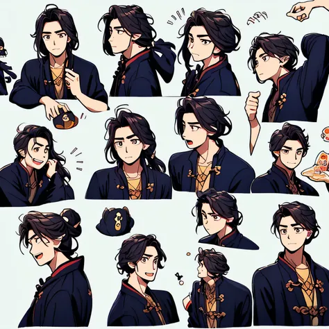 1 most handsome Chinese man，9 tables，9 emoji packs，9 poses and expressions，hanfu，disney style，Black strokes，Different emotions，10