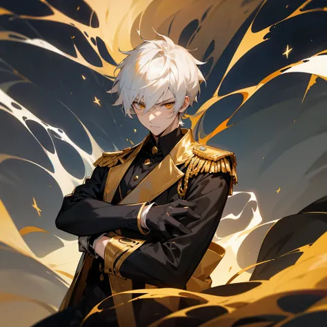 Anime male, teenager, handsome, fair-skinned, resolute eyes, white hair, short hair, deep golden eyes, powerful, black suit with black gloves, golden clothes, royal style, flame, crossed arms